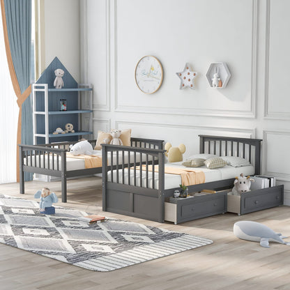 Twin Over Twin Bunk Bed Gray Wood Frame for Bedroom