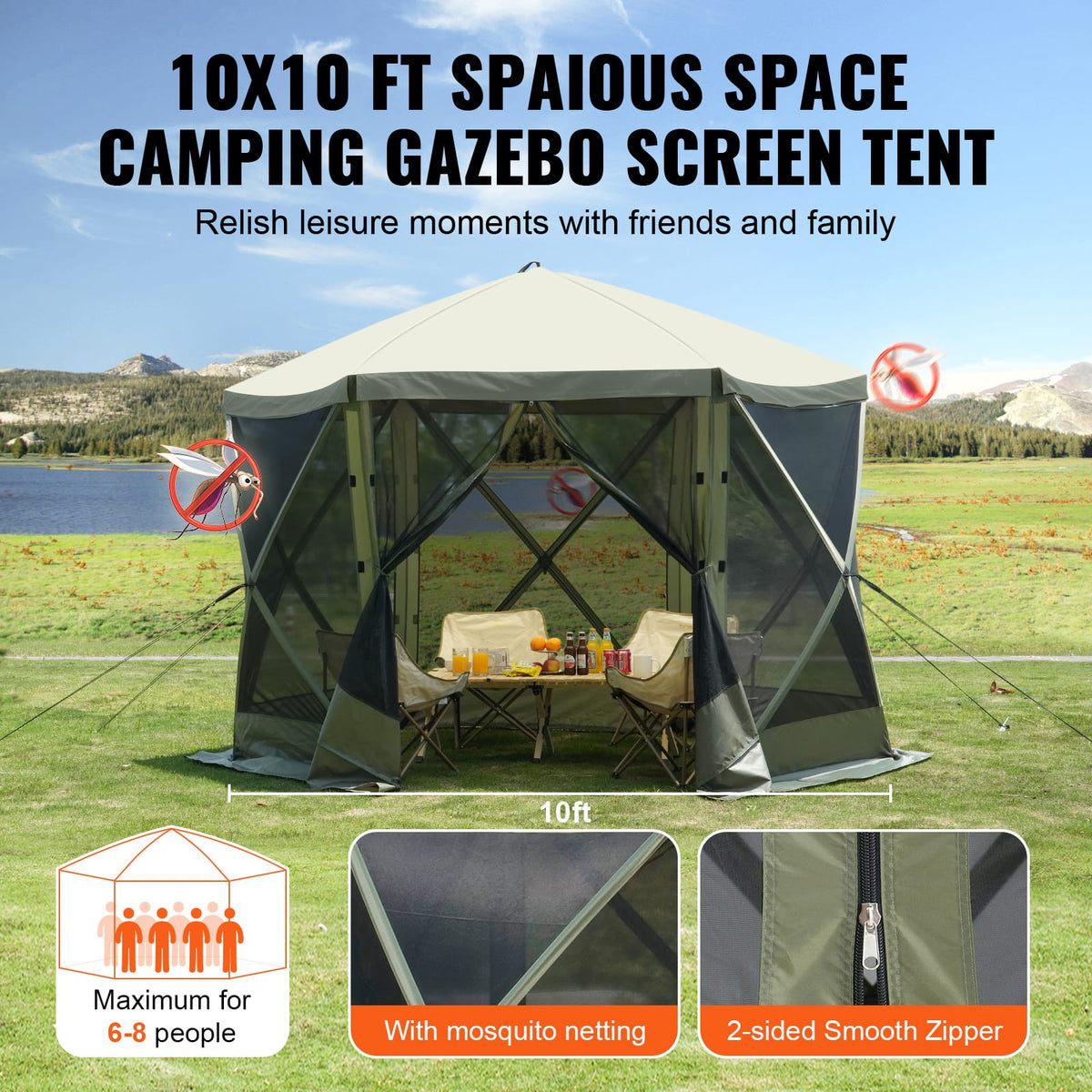 10x10FT Green Oxford Gazebo Tent - Camping Screen Shelter