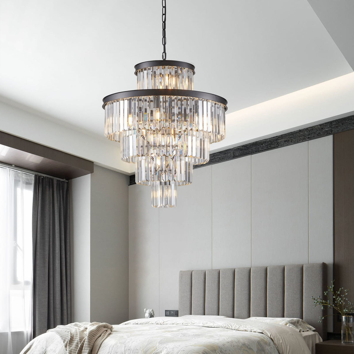 24" Luxury Crystal Chandelier - Black Finish, 15 Lights