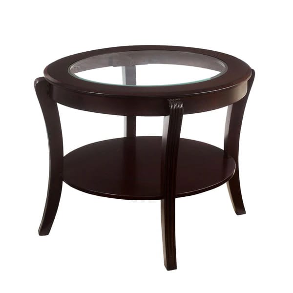 Contemporary Espresso End Table - Glass Top, Solid Wood Shelf