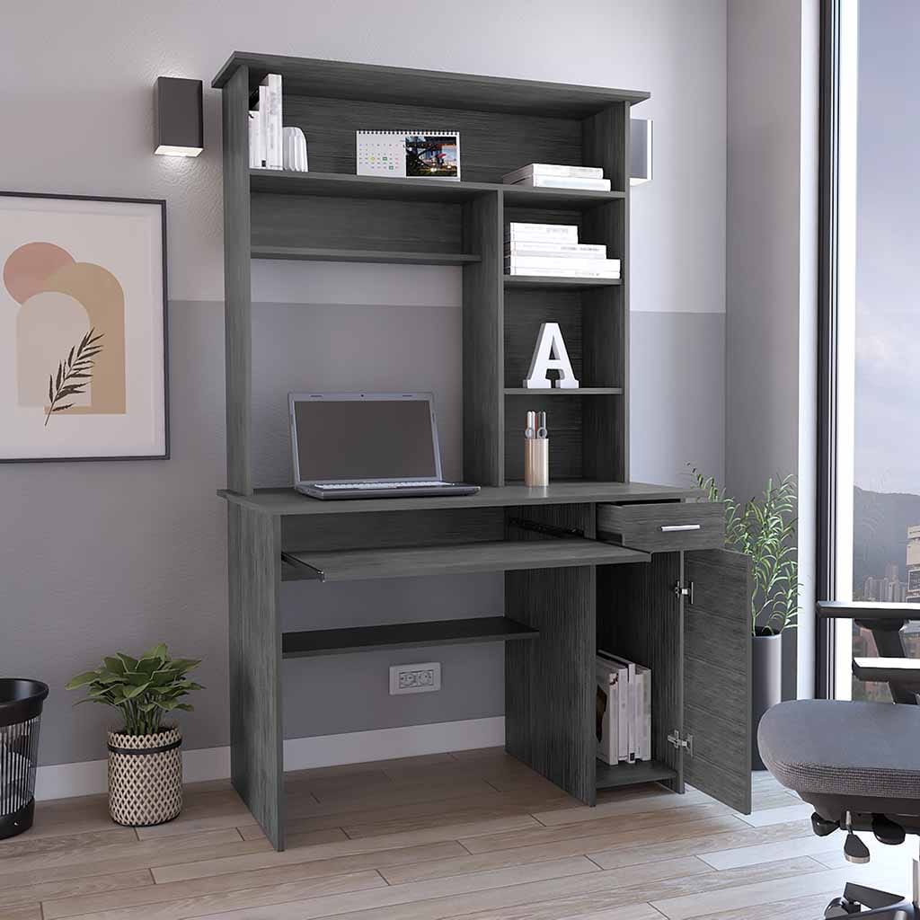 Smoky Oak Compu Hutch Desk - Storage & Keyboard Tray for Home Office