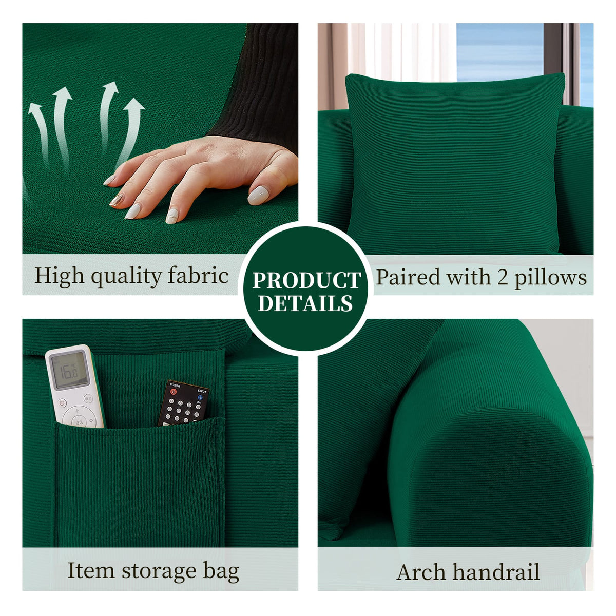 3 Seat Dark Green Fabric Sofa with Pillows for Living Room
