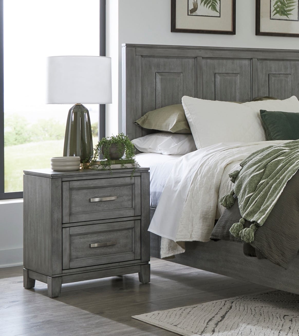 Gray Finish Nightstand with 2 Drawers - Rustic Bedroom Furniture