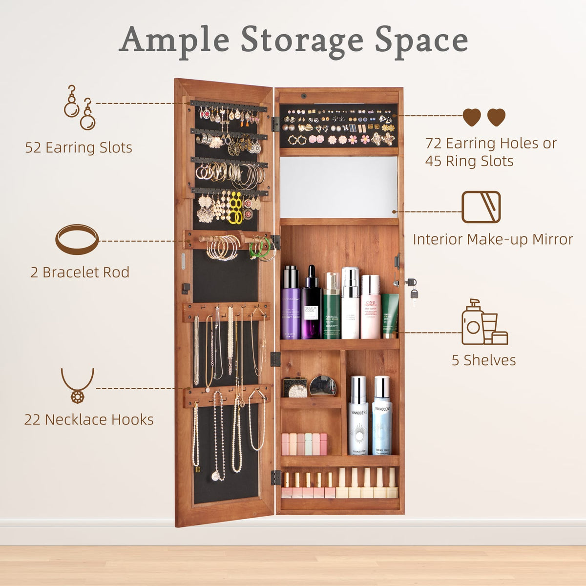 Solid Wood Jewelry Armoire Organizer Cabinet with Full-Length Mirror, 47.5x14.3 in