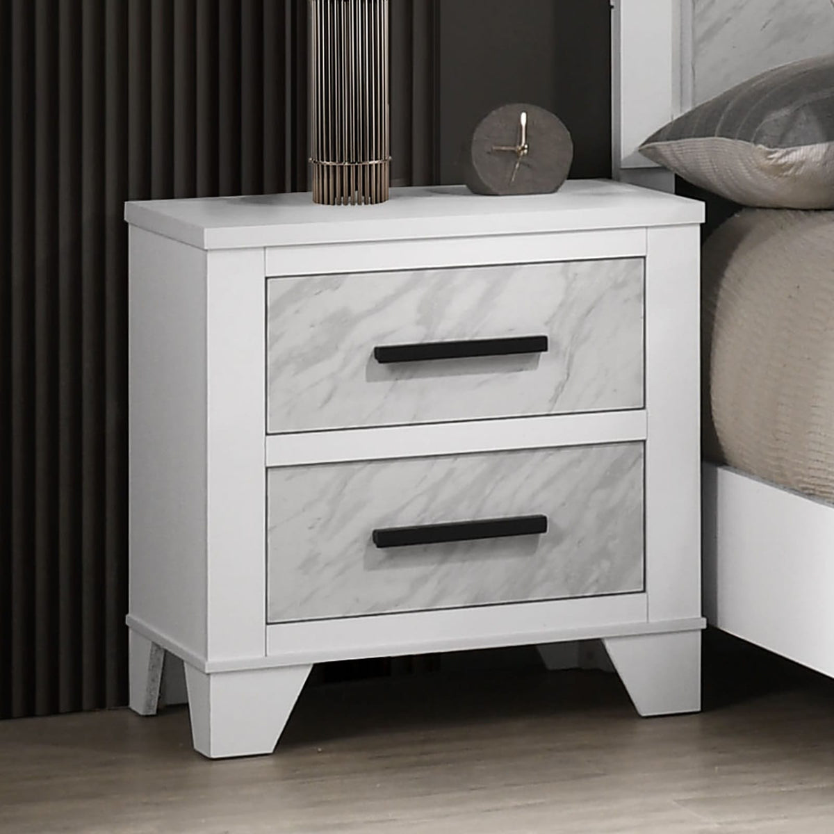 White Bedside Cabinet - 2 Drawers Contemporary Nightstand for Bedroom