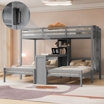Gray Solid Wood Bunk Bed with Integrated Desk and Storage for Bedroom