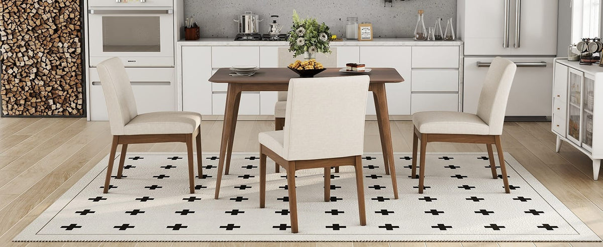 Brown Rectangular Dining Table Set with 4 Upholstered Chairs for Dining Room