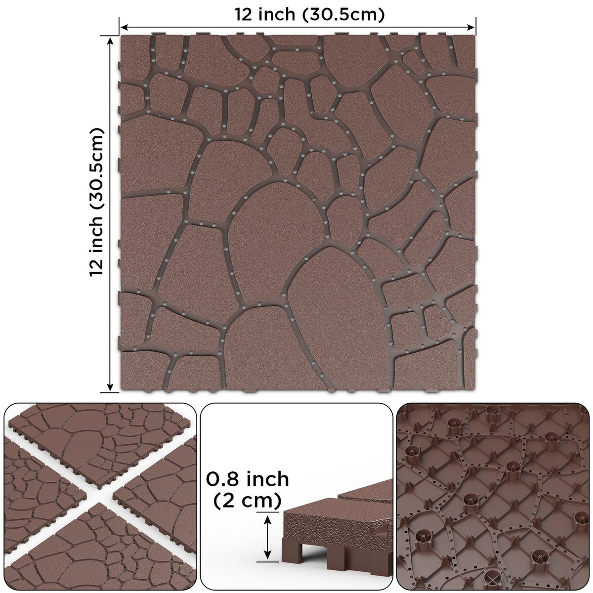 Red+Brown Polypropylene Deck Tiles - 12" DIY Interlocking Patio Flooring