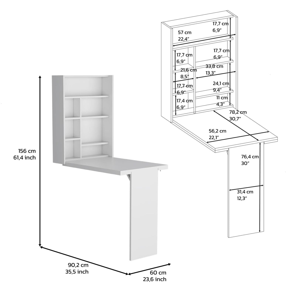 White Particle Board Wall Mount Table with Storage Shelves for Living Room