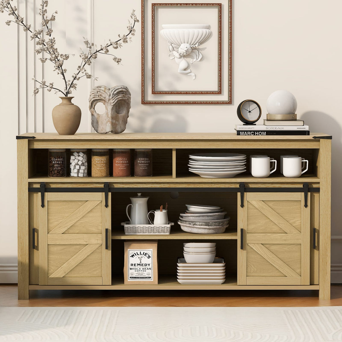 59.3" Natural Farmhouse Sideboard with Sliding Doors