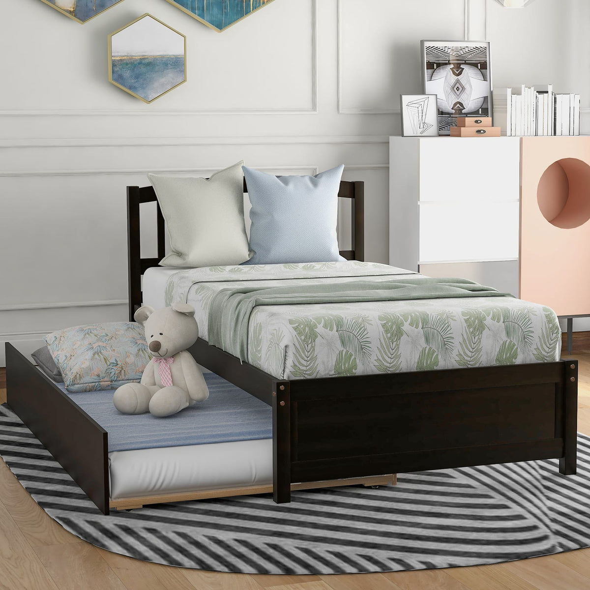 Espresso Solid Wood Platform Bed with Trundle for Guest Sleep for Bedroom