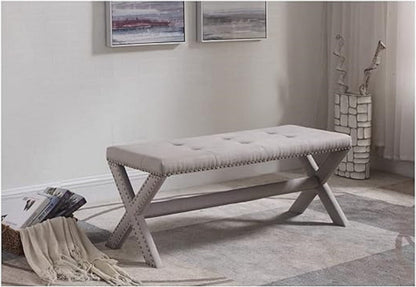 Gray Linen Bedroom Bench with Nailhead Trim