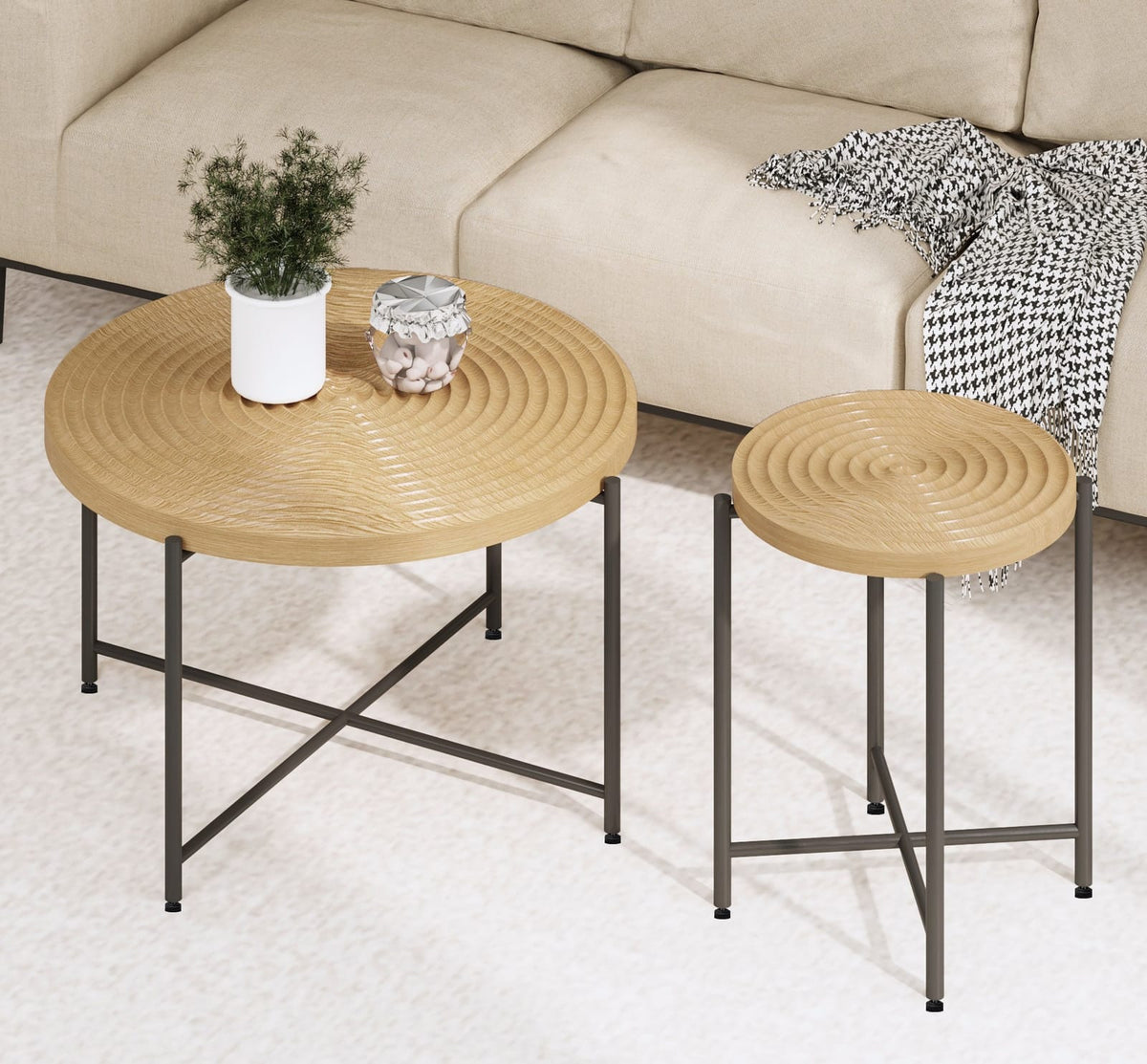 2-Piece Coffee & End Table Set - Oak Natural Wood + Antique White for Living Room