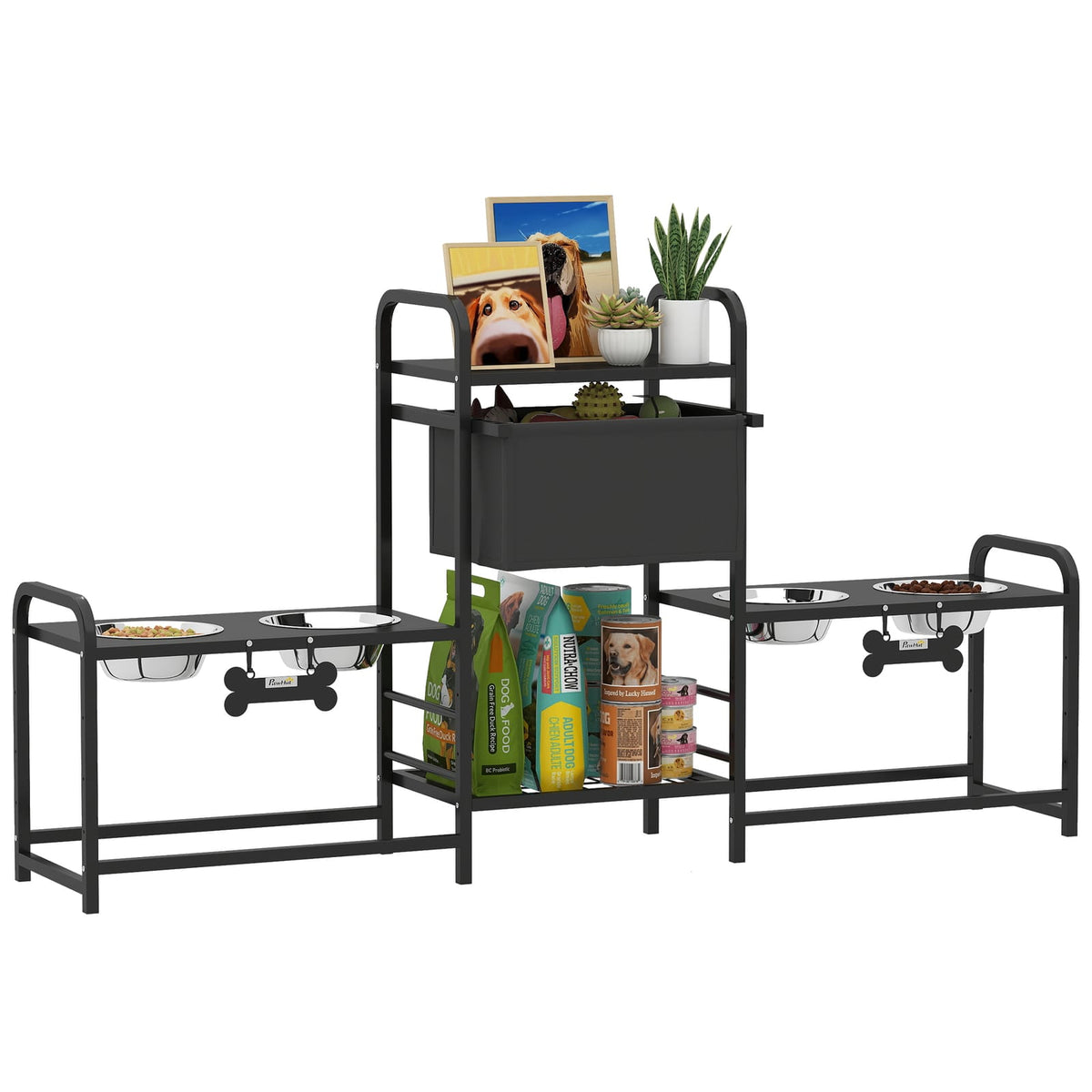 PawHut Elevated Dog Bowls - 2 Feeding Stations, Steel Black