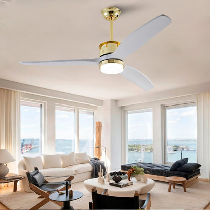 Gold and White Solid Wood Ceiling Fan with Remote Control for Bedroom