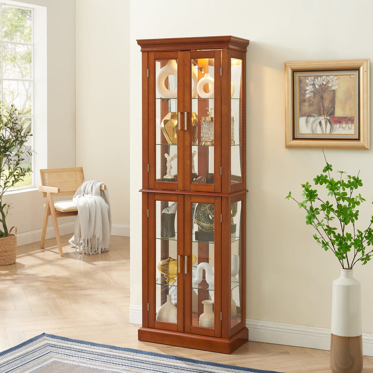Walnut Curio Cabinet - Lighted Display Cabinet with Adjustable Shelves