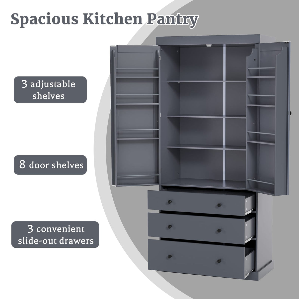TOPMAX 77" Farmhouse Kitchen Pantry - Gray MDF Storage Cabinet