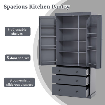 TOPMAX 77" Farmhouse Kitchen Pantry - Gray MDF Storage Cabinet
