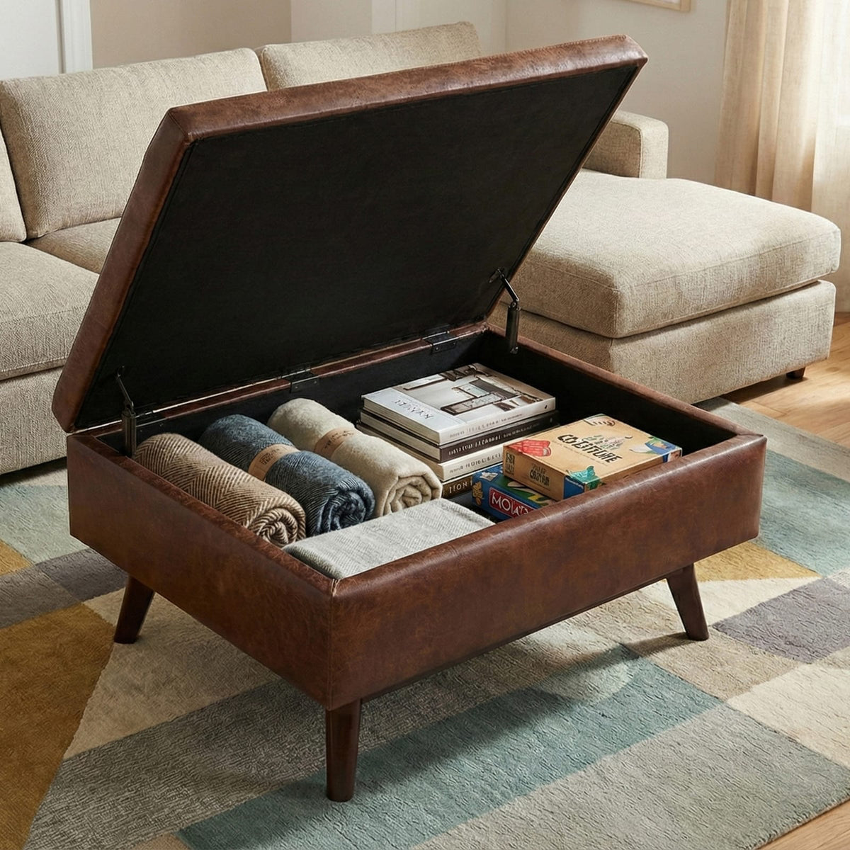 Dark Brown Faux Leather Storage Ottoman - 34" Wide for Living Room