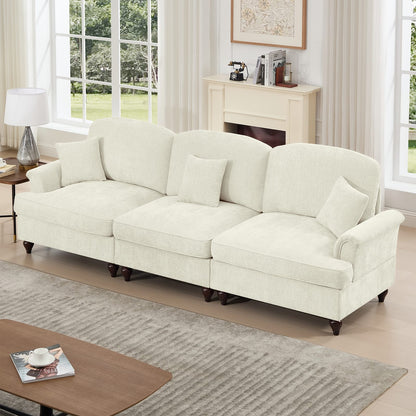 3 Seat Beige White Chenille Sofa with Ruffles for Living Room