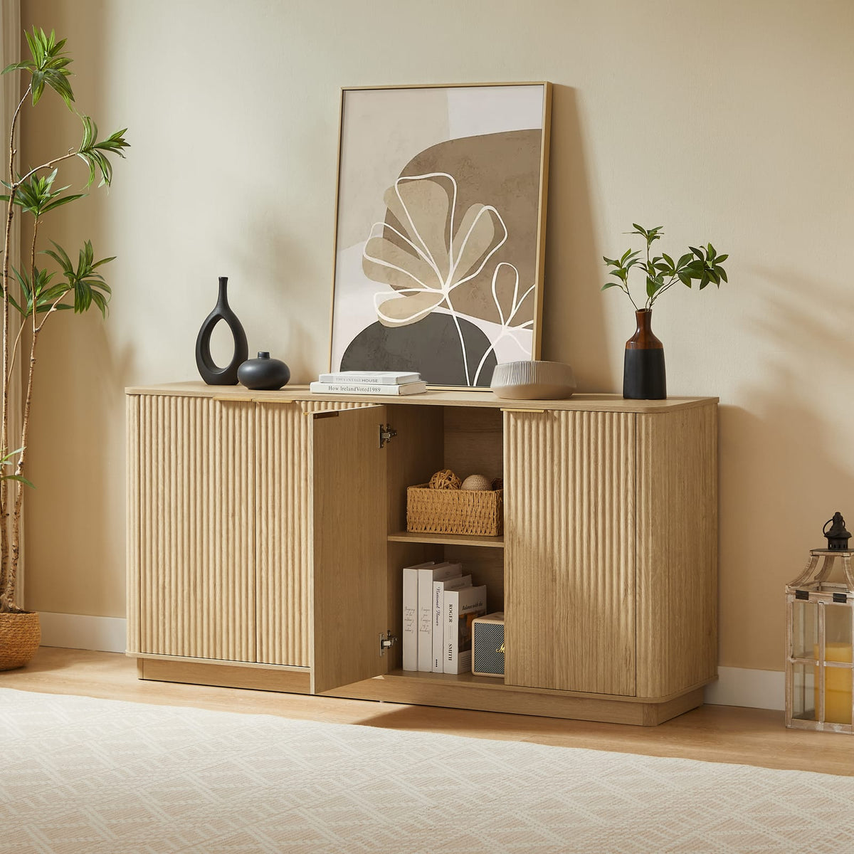 Oak MDF Sideboard for Dining Room Storage, 63"W x 15.75"D