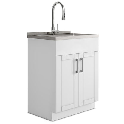 Modern Wide Shaker Laundry Cabinet - 28" White with Stainless Sink