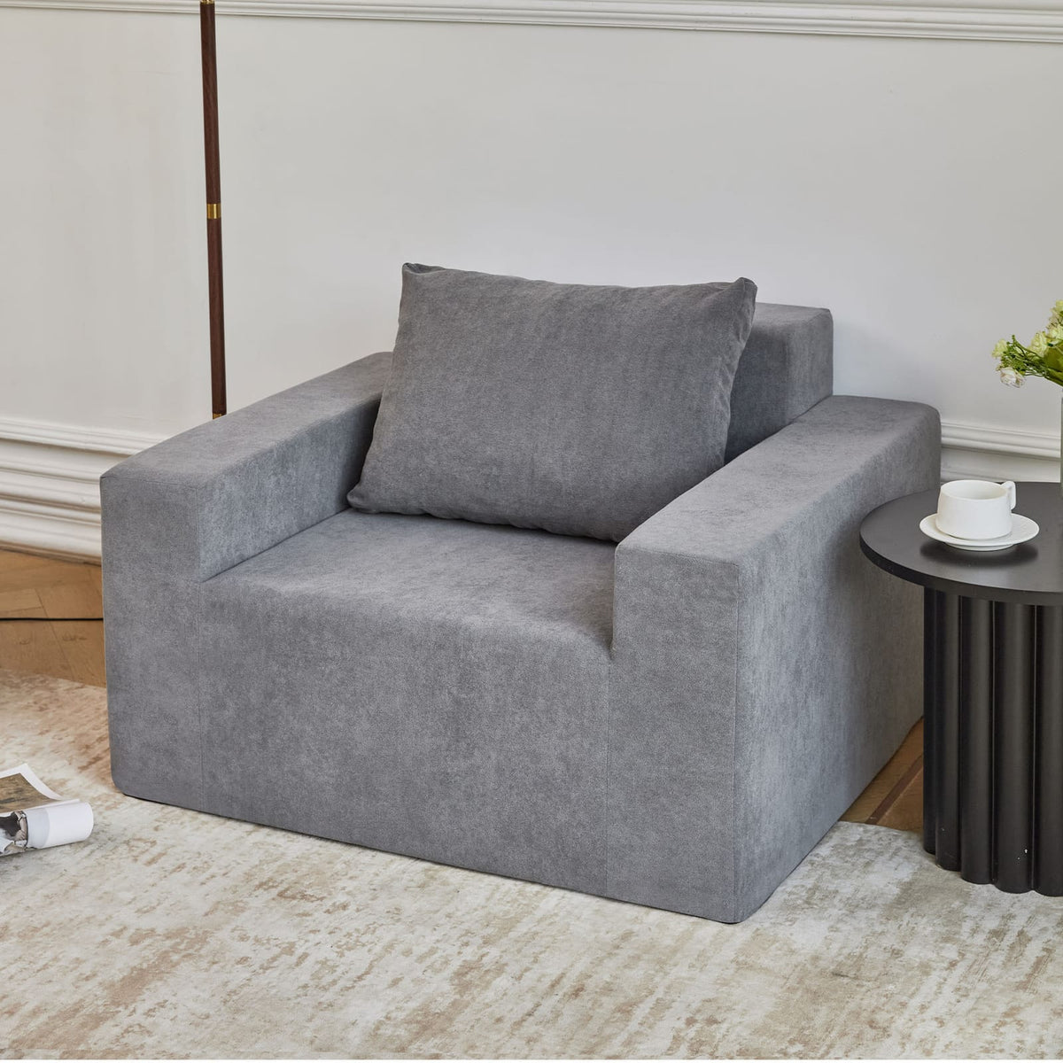 Grey Foam Sofa Couch with Pillow - Boxed Bean Bag for Living Room