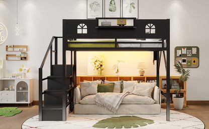 Full Size Metal Loft Bed with Stairs & Storage for Bedroom