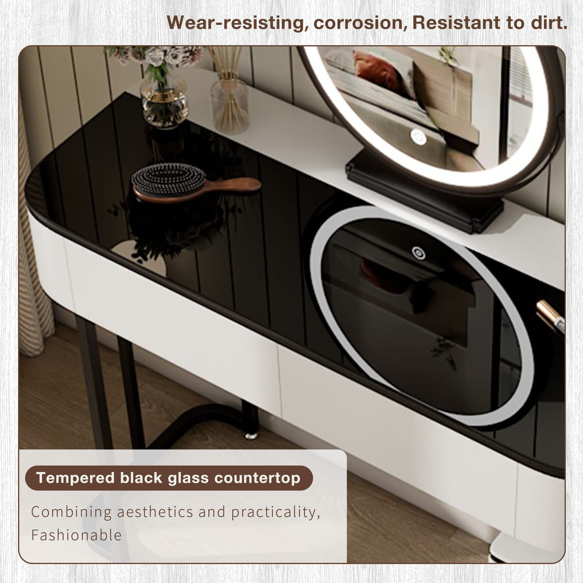 Modern White MDF Vanity with Tempered Glass Mirror and Storage for Bedroom