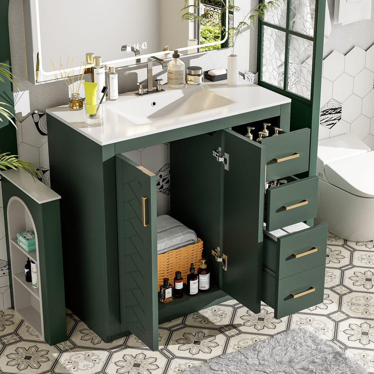36 Inch Green Bathroom Vanity with Ceramic Sink and Drawers