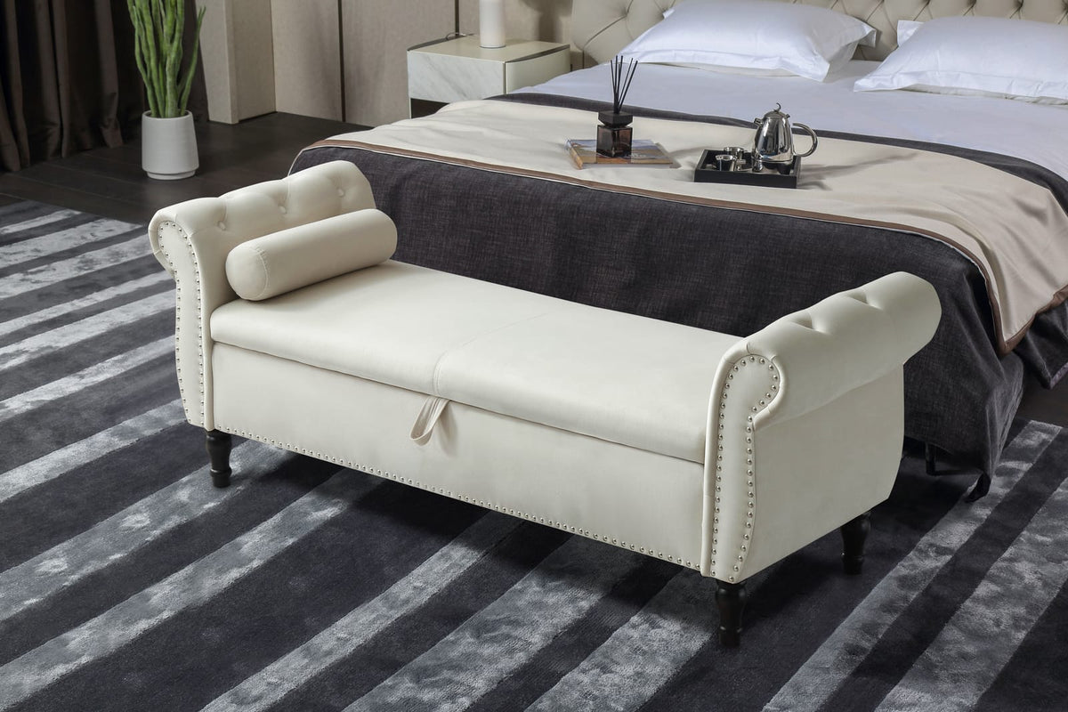 Beige Velvet Storage Bench - End of Bed Footstool