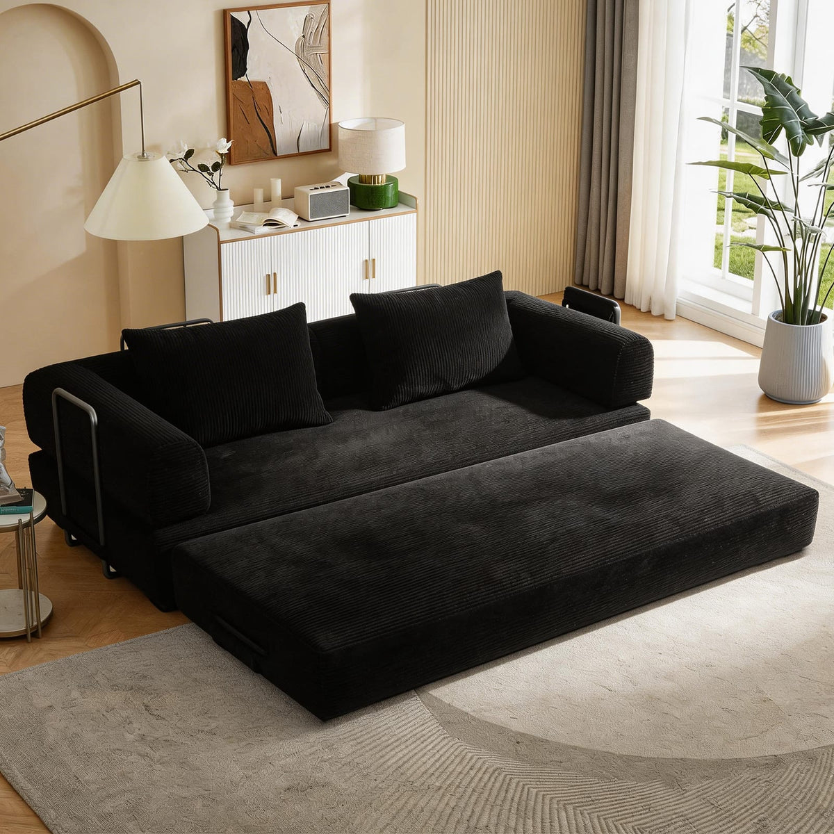 78 Inch Black Corduroy Sofa Bed - Converts to Bed for Living Room