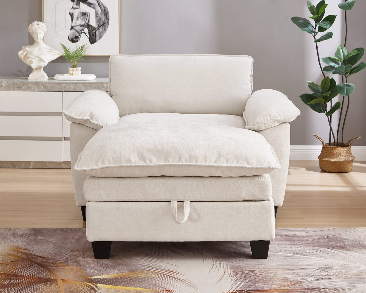 Beige Chenille Ottoman Sofa with Storage Seat for Living Room