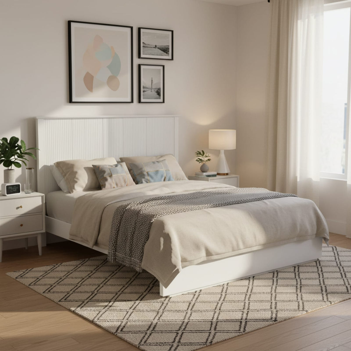 White Solid Wood Queen Bed Frame - Comfortable & Durable for Bedroom