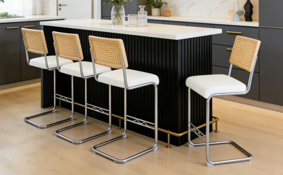 White Rattan Bar Stools - 4 Piece Set