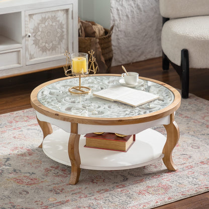Round Coffee Table with Glass Top - White & Wood