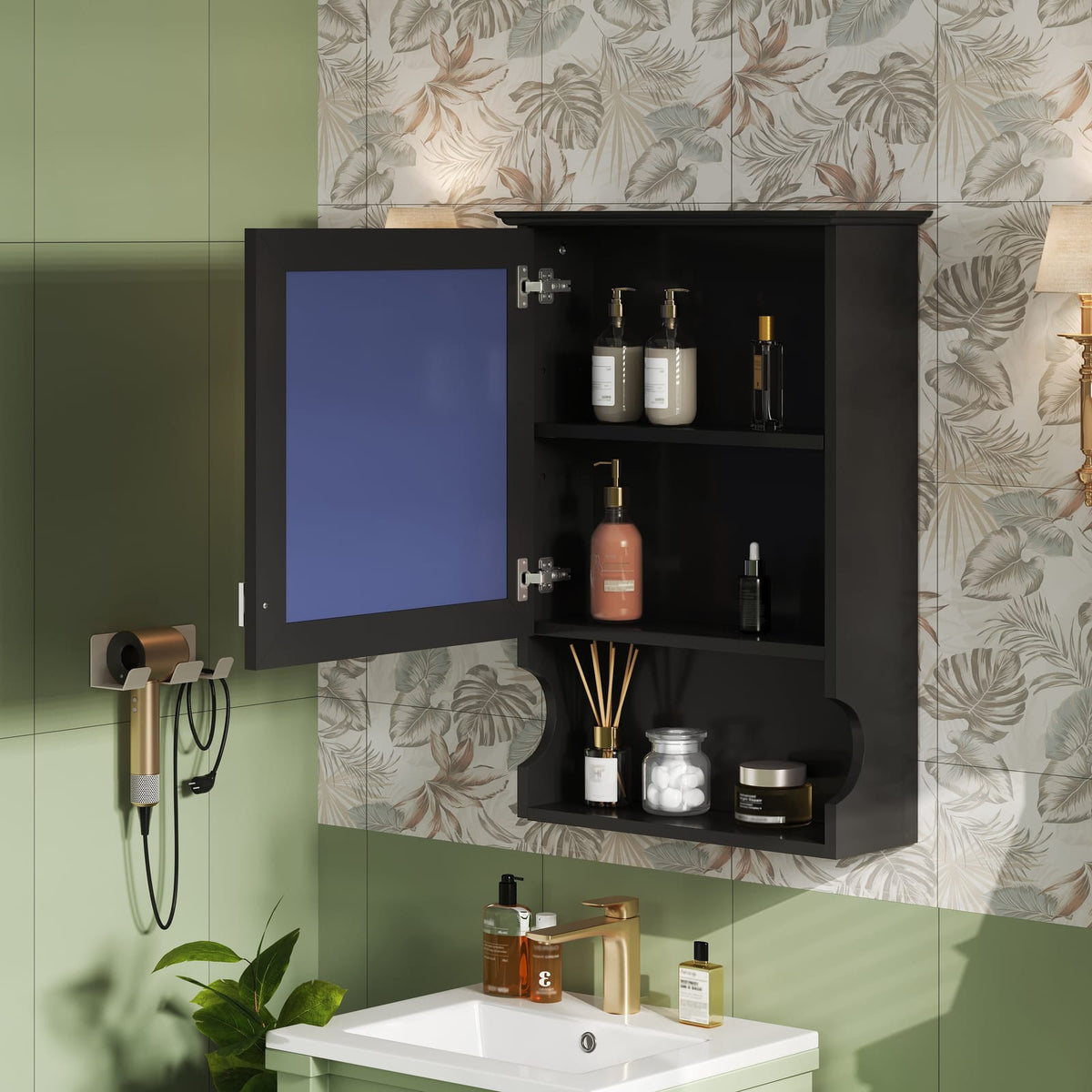 Modern Black Wall Mounted Bathroom Mirror Cabinet with Adjustable Shelves