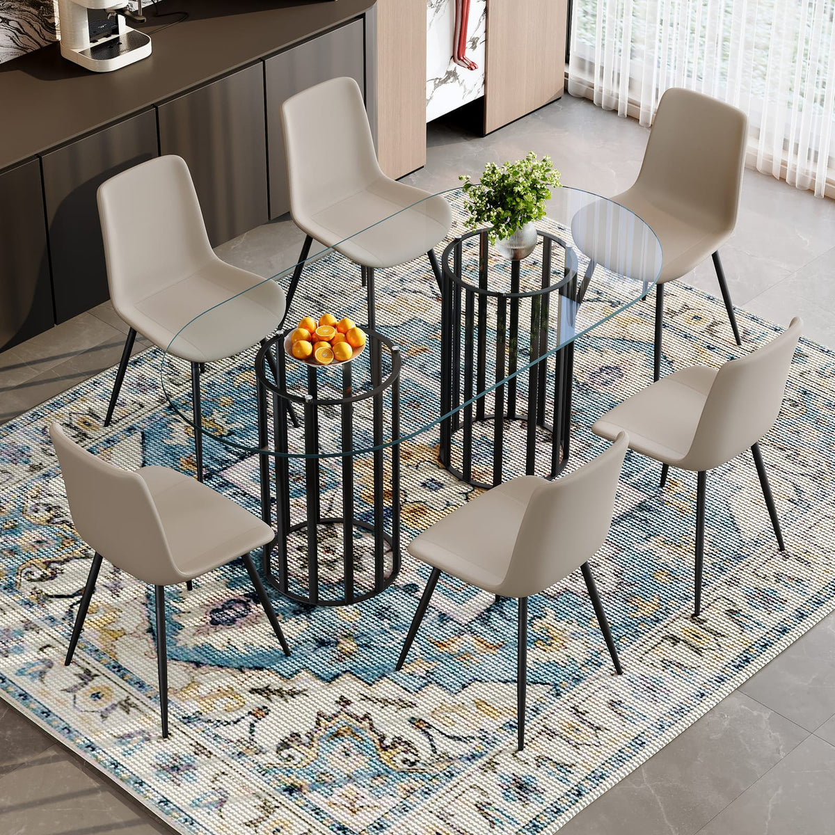 6 Person Glass Dining Table Set - Black Metal Frame