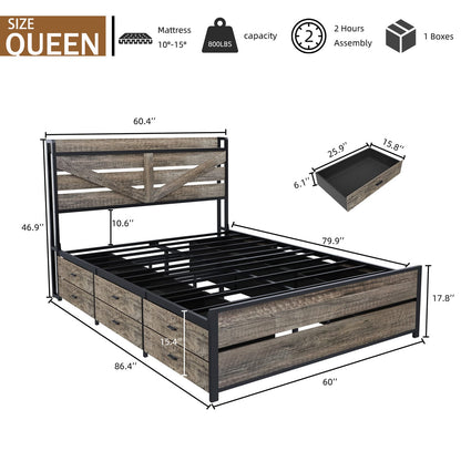 Queen Bed Frame with Storage Headboard - Metal & Oak