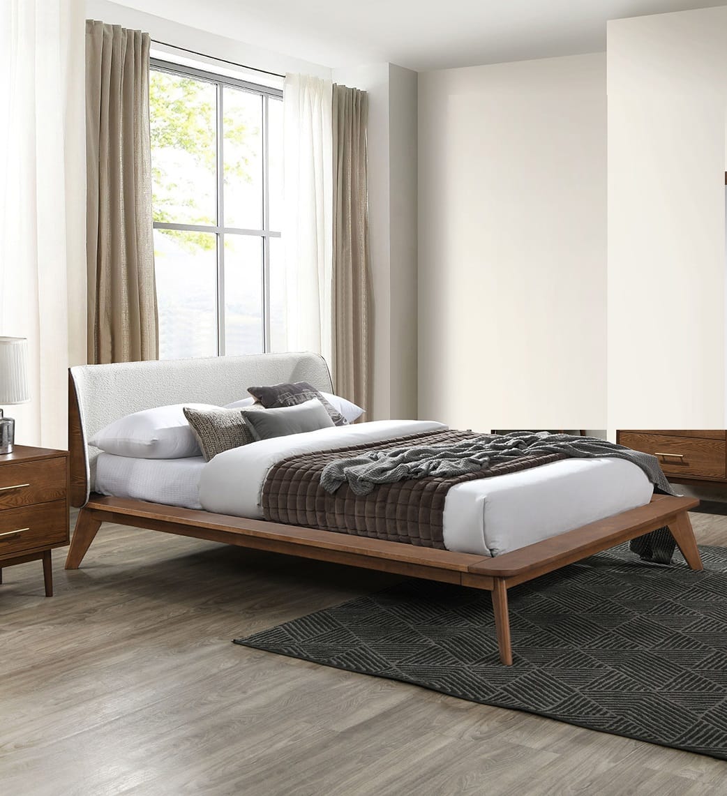 Full Size Walnut Bed Frame - Boucle Fabric for Bedroom