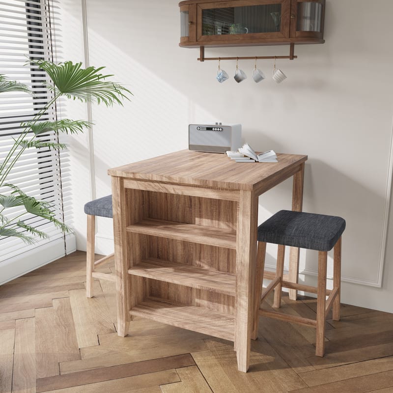 Oak Linen Dining Table Set with Storage for Kitchen