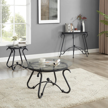 Black Tempered Glass Coffee Table Set - 2 Piece Round Side Table for Living Room