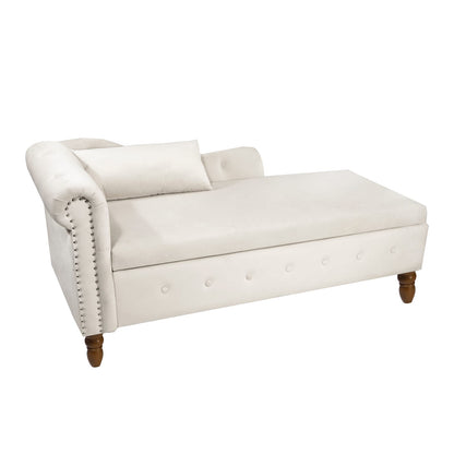 Beige Velvet Chaise Lounge - Storage & Rolled Arm Design