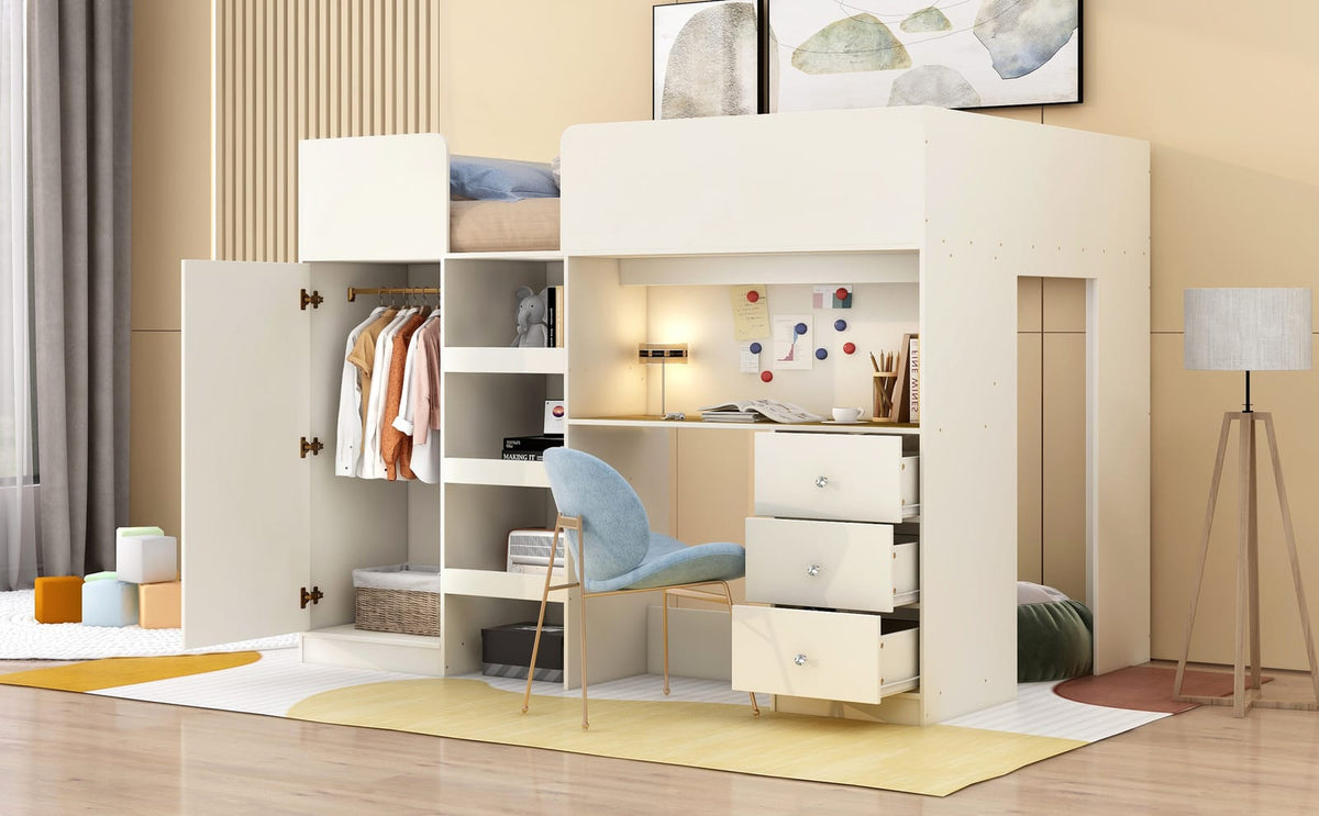 Full Size Bed Frame with Wardrobe & Desk - Beige Wood for Bedroom