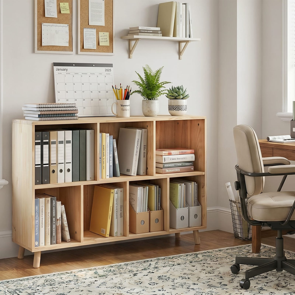 Solid Pine Wood Storage Cabinet - 7 Compartments, 45.5"L