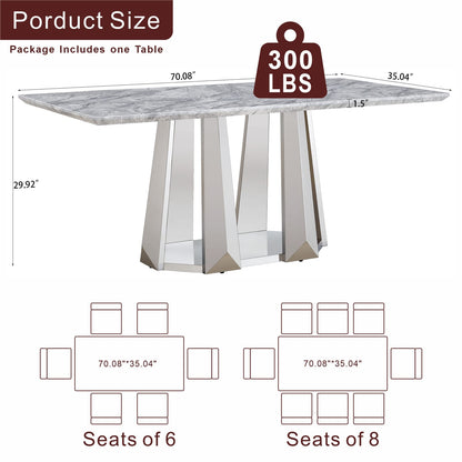 70" Silver Grey Marble Dining Table - Modern Rectangle for 6 People