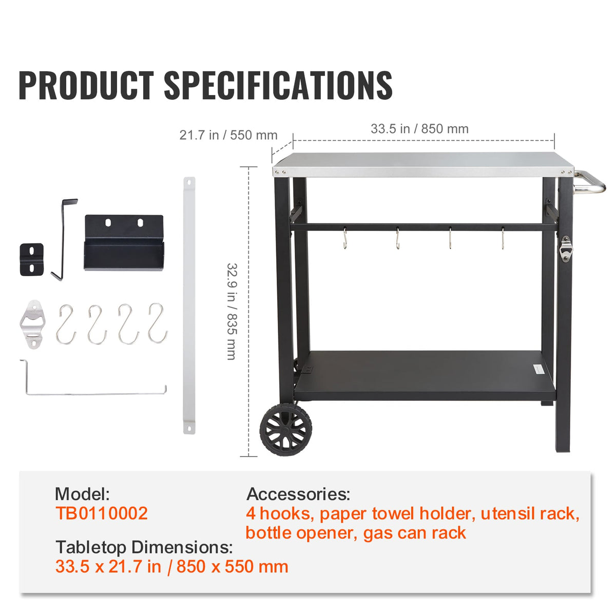 Black Iron BBQ Grill Cart with Stainless Steel Table - 35" Kitchen Island