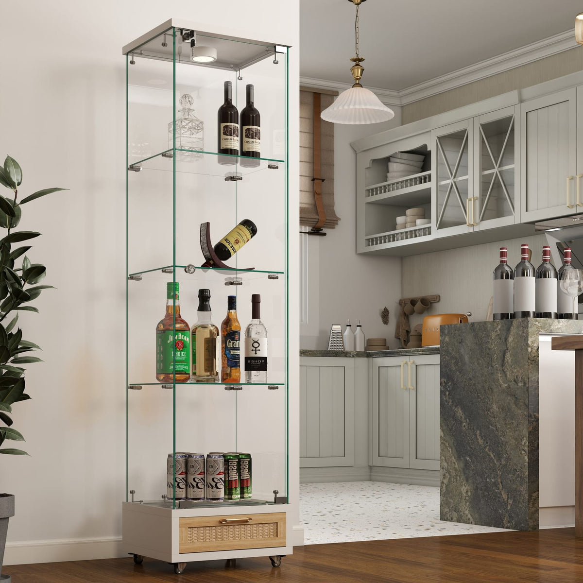 White Tempered Glass Display Cabinet with LED Lighting for Living Room