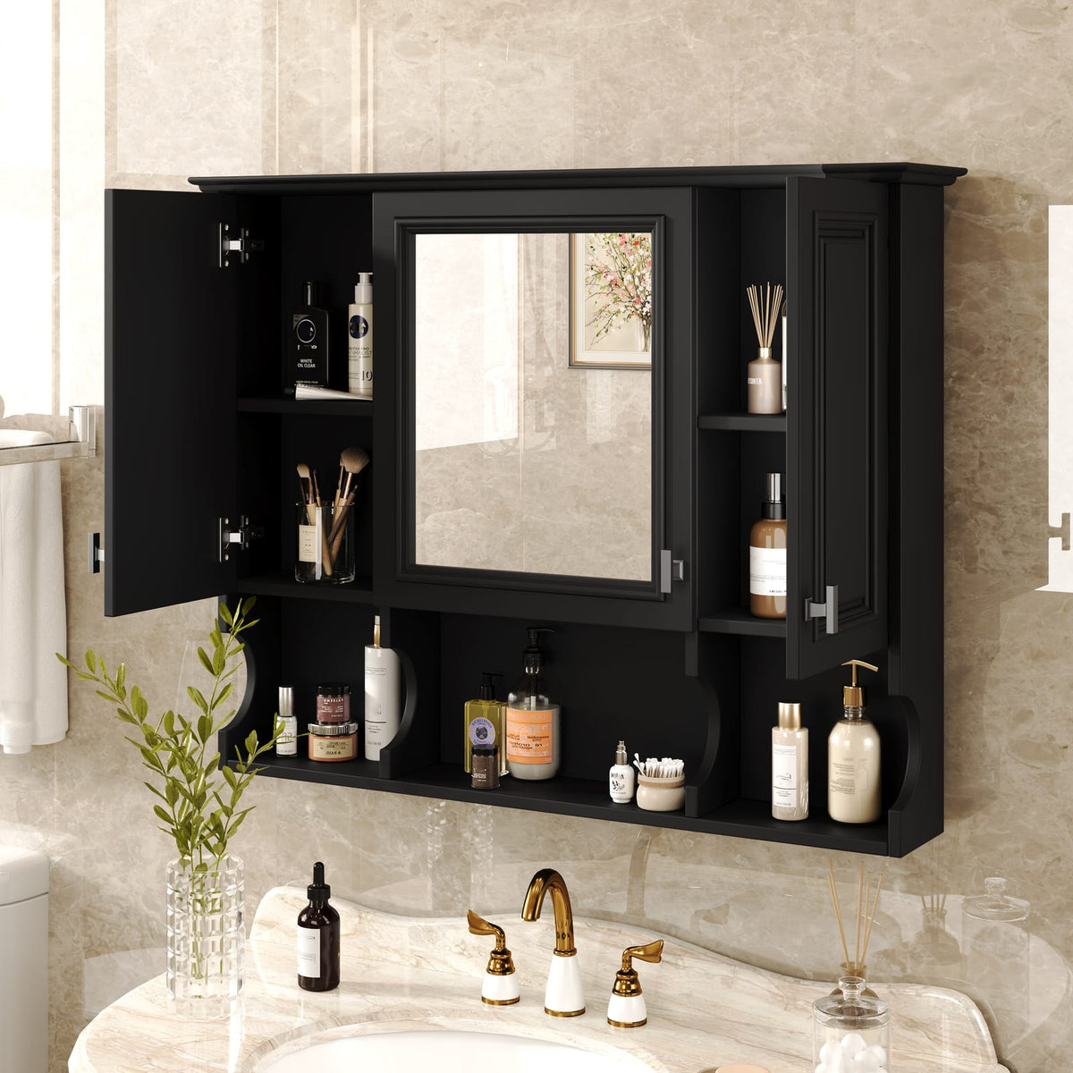 35'' Wall Mounted Bathroom Medicine Cabinet with Mirror - Black MDF