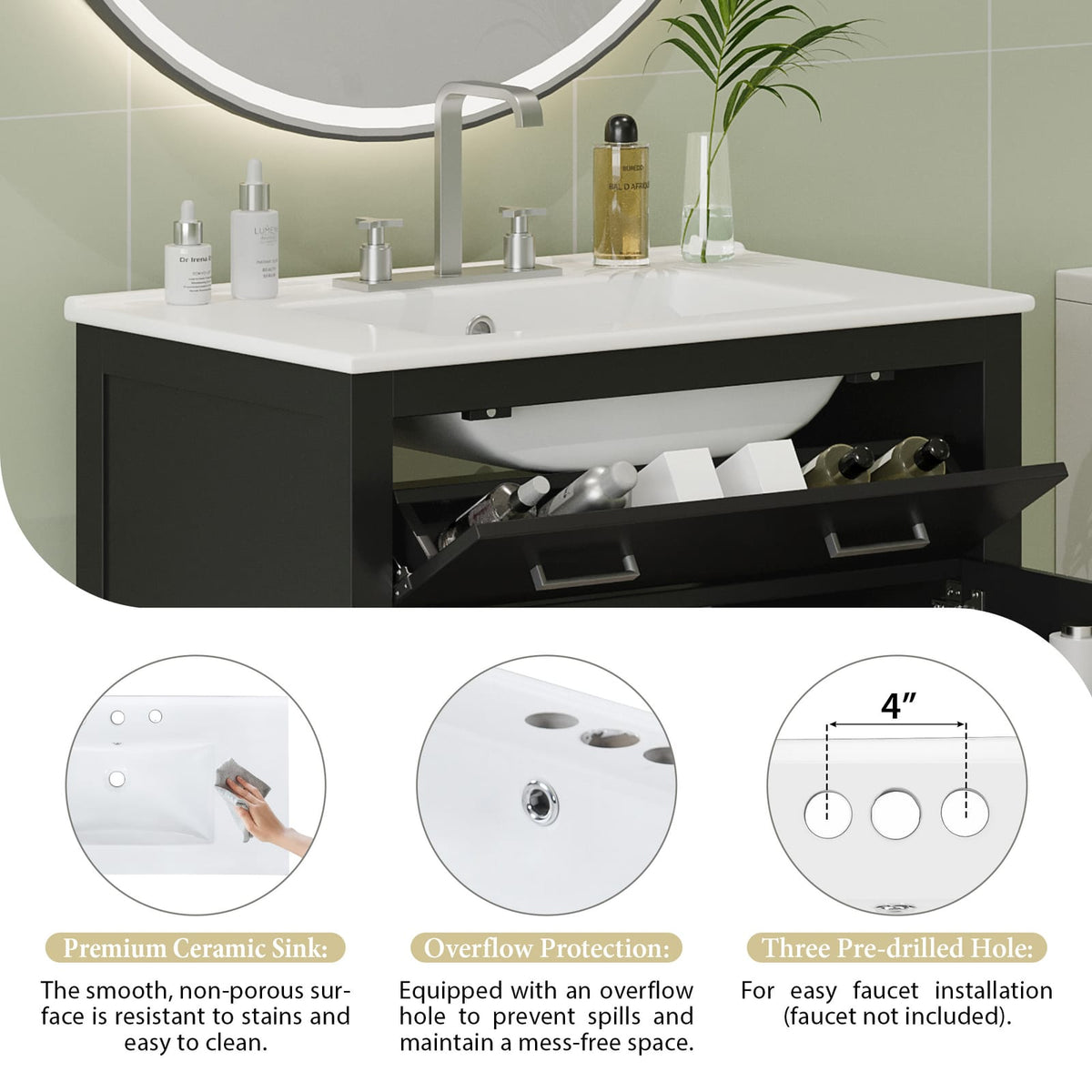 30" Black Bathroom Vanity with Ceramic Sink & Storage